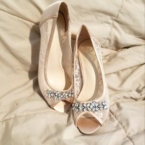 Champagne lace peep toe heels with rhinestones